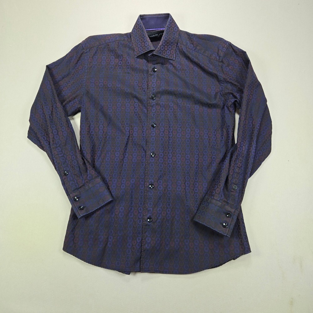 Masutto Button Down Shirt Geometric Jacquard Purple Navy Mens Size S